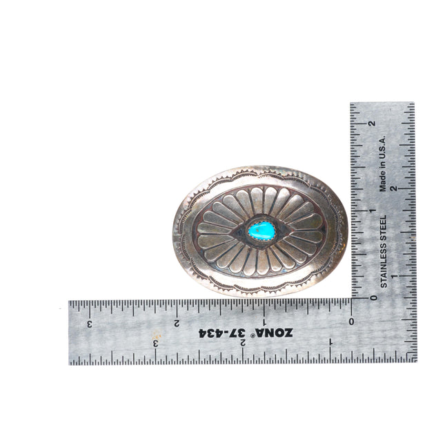 1" Vintage Navajo sterling silver turquoise stamped belt buckle