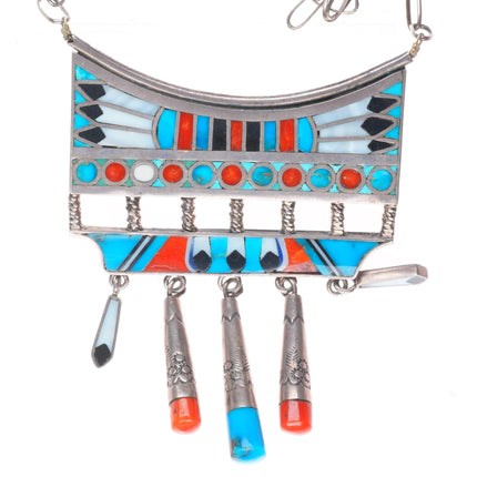 Carl & Irene Clark vintage Navajo sterling silver inlaid pendant necklace