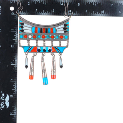 Carl & Irene Clark vintage Navajo sterling silver inlaid pendant necklace