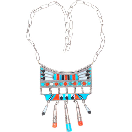 Carl & Irene Clark vintage Navajo sterling silver inlaid pendant necklace