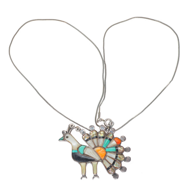 Vintage Zuni sterling silver inlaid peacock pendant/pin with necklace