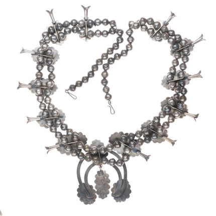 Vintage Navajo sterling silver high grade turquoise squash blossom necklace