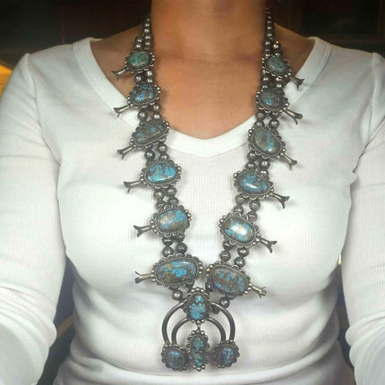Vintage Navajo sterling silver high grade turquoise squash blossom necklace