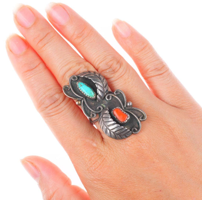 sz7.5 Vintage Navajo sterling silver turquoise and coral feather long ring