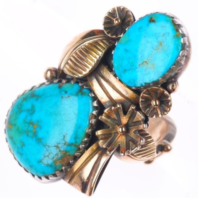 sz8 14k gold, sterling silver high grade turquoise Navajo ring