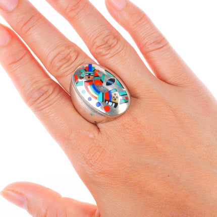 sz11 Peter and Pansy Natachu Zuni big sterling silver inlay rainbow man ring