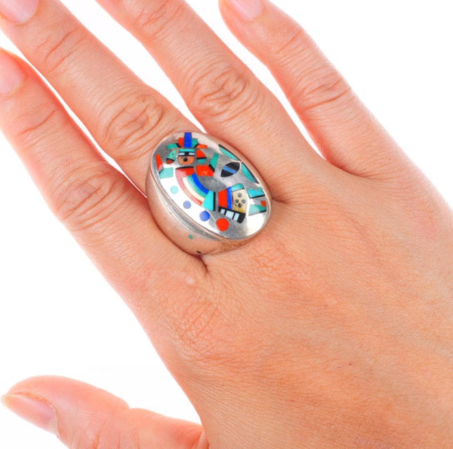 sz11 Peter and Pansy Natachu Zuni big sterling silver inlay rainbow man ring