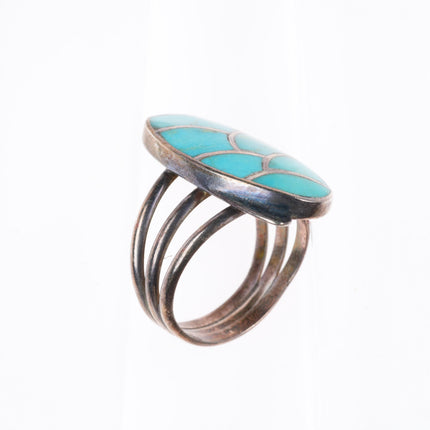 sz9 vintage Zuni sterling silver fishscale inlay turquoise ring