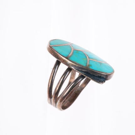 sz9 vintage Zuni sterling silver fishscale inlay turquoise ring