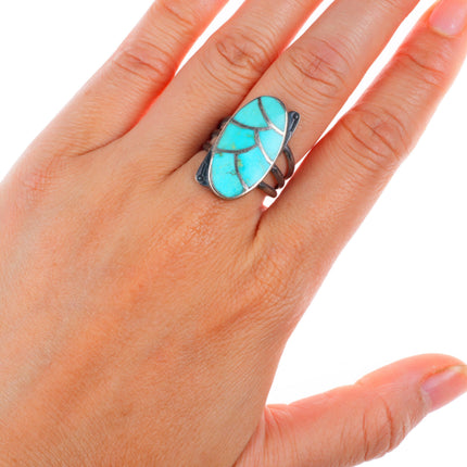 sz9 vintage Zuni sterling silver fishscale inlay turquoise ring