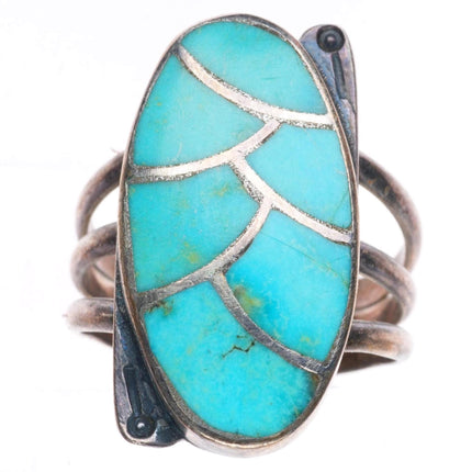 sz9 vintage Zuni sterling silver fishscale inlay turquoise ring