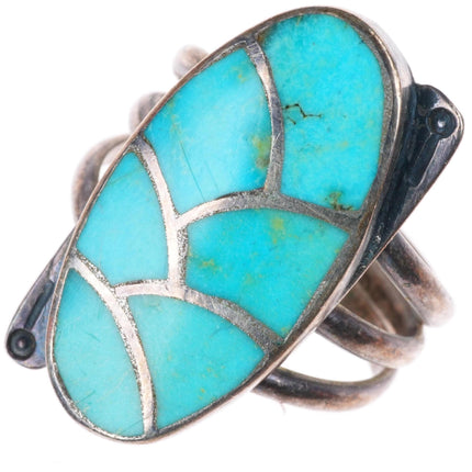 sz9 vintage Zuni sterling silver fishscale inlay turquoise ring