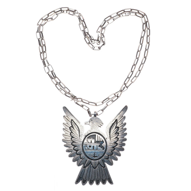 Victor Coochwytewa Hopi Kopavi Shop large sterling silver Eagle pendant necklace