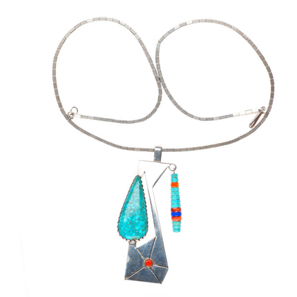 Gilbert Vasquez Apache Birds Eye Kingman, coral-sterling silver pendant necklace