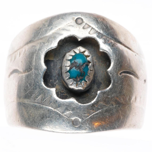 sz9 JCT vintage Navajo sterling silver shadowbox ring with spiderweb turquoise