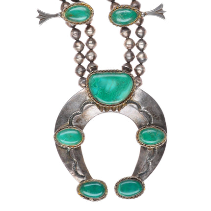 32" c1950's Navajo sterling silver green turquoise squash blossom necklace