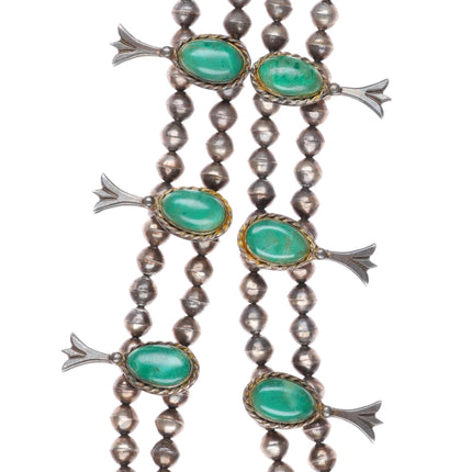 32" c1950's Navajo sterling silver green turquoise squash blossom necklace