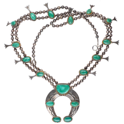 32" c1950's Navajo sterling silver green turquoise squash blossom necklace