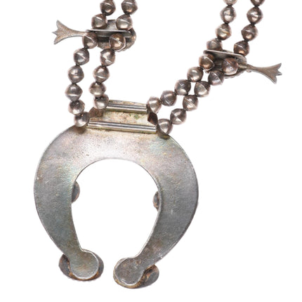 32" c1950's Navajo sterling silver green turquoise squash blossom necklace