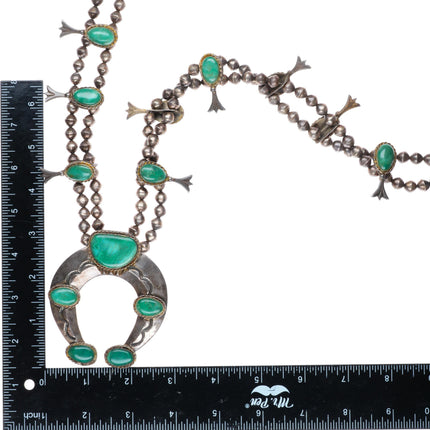 32" c1950's Navajo sterling silver green turquoise squash blossom necklace