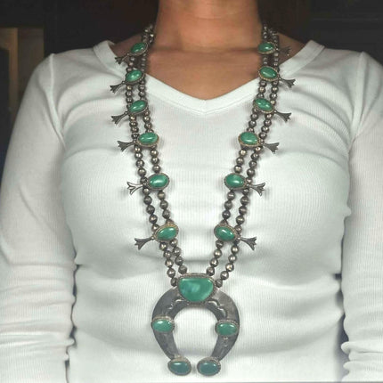 32" c1950's Navajo sterling silver green turquoise squash blossom necklace