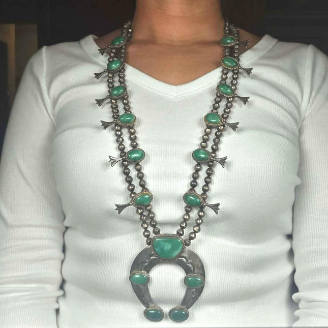 32" c1950's Navajo sterling silver green turquoise squash blossom necklace