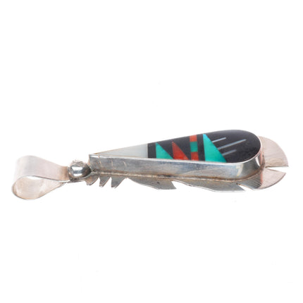 R&L Vacit Zuni sterling silver feather pendant with nice intarsia inlay