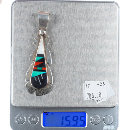 R&L Vacit Zuni sterling silver feather pendant with nice intarsia inlay