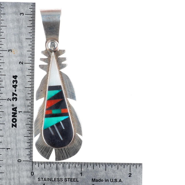 R&L Vacit Zuni sterling silver feather pendant with nice intarsia inlay