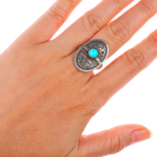 sz8.5 vintage Native American Tufa Cast sterling silver ring with turquoise