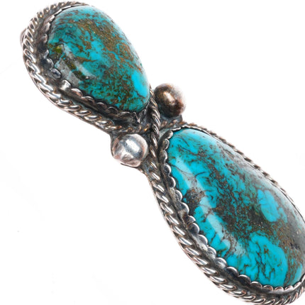 Vintage Navajo sterling silver high grade turquoise rope edge 2 stone pendant