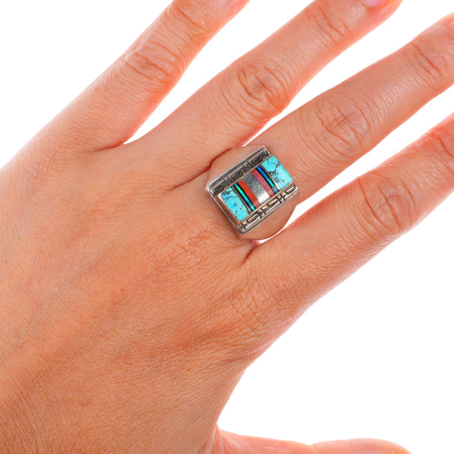 sz10.25 vintage Navajo sterling silver turquoise/coral lab opal inlay ring