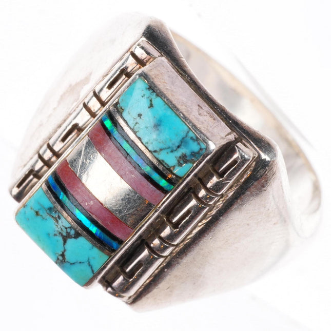 sz10.25 vintage Navajo sterling silver turquoise/coral lab opal inlay ring