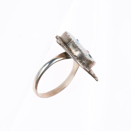 sz9 Bev Etsate Zuni sterling silver carved mother of pearl corn inlay ring