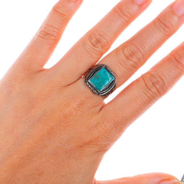 sz7 30's-40's Navajo stamped sterling silver ring blue gem turquoise