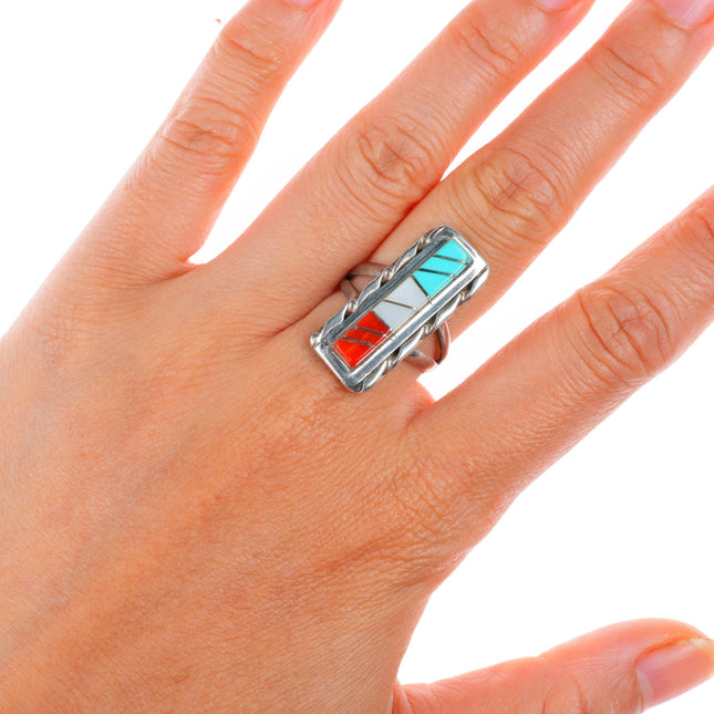 sz8 WJ Panteah Zuni sterling silver patriotic turquoise, coral, shell ring