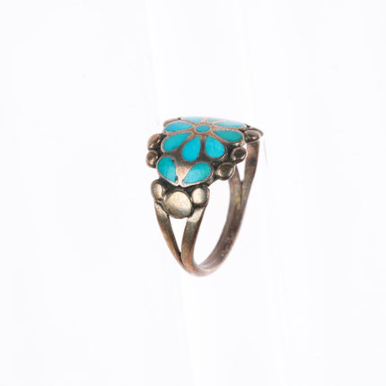 sz7 c1950's vintage Zuni sterling silver blue gem turquoise inlay flower ring