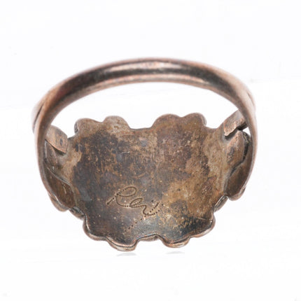 sz7 c1950's vintage Zuni sterling silver blue gem turquoise inlay flower ring