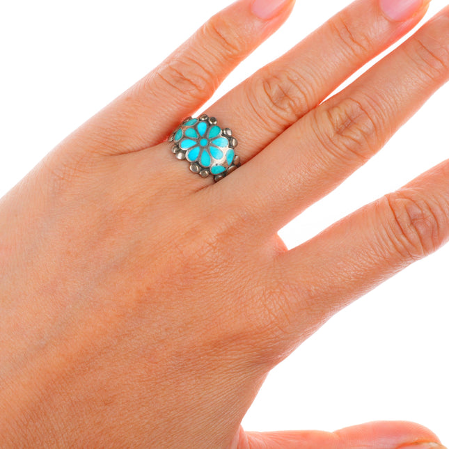 sz7 c1950's vintage Zuni sterling silver blue gem turquoise inlay flower ring