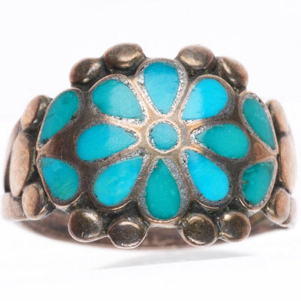 sz7 c1950's vintage Zuni sterling silver blue gem turquoise inlay flower ring