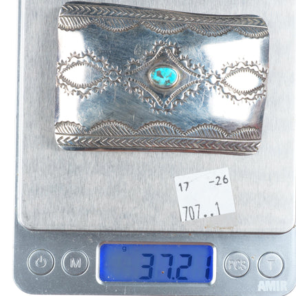 1.5" Vintage heavily stamped Navajo sterling silver and turquoise belt buckle