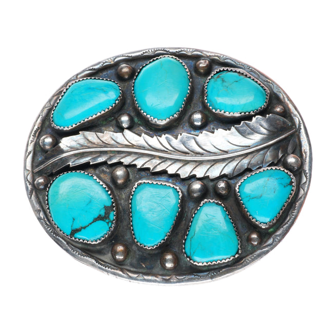 2" 6 stone turquoise sterling silver big feather vintage Navajo belt buckle