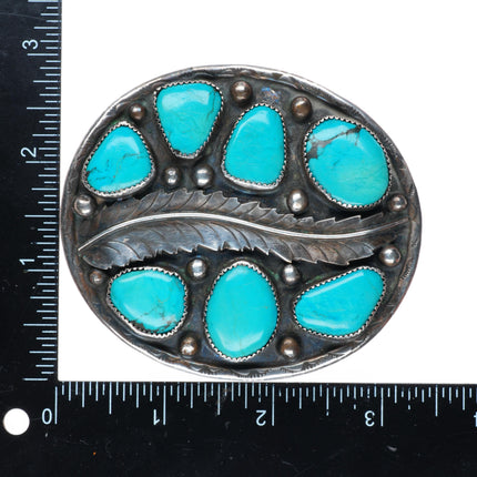 2" 6 stone turquoise sterling silver big feather vintage Navajo belt buckle