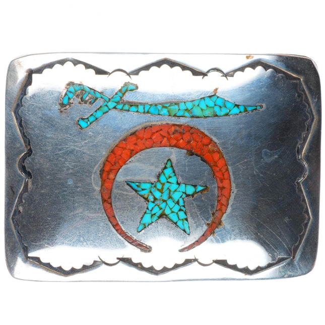 1.5" Roy Vandever vintage Navajo sterling silver shriners chip inlay belt buckle