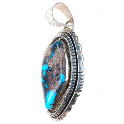 Large Arizona Bisbee turquoise sterling silver pendant by Spencer Navajo