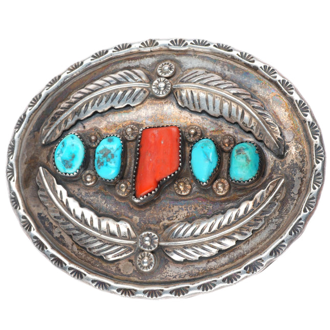 2" Vintage Navajo New Mexico shaped coral sterling/turquoise belt buckle