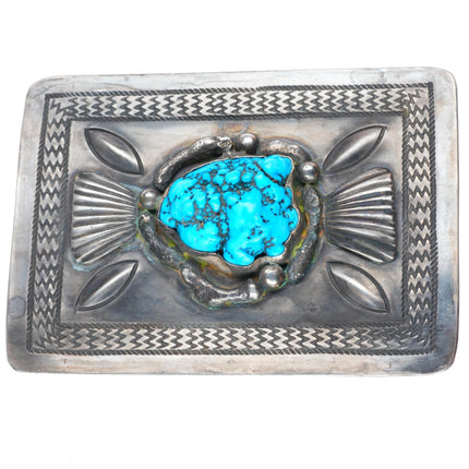 1.75" Vintage Navajo Sterling silver stamped turquoise nugget belt buckle JVT