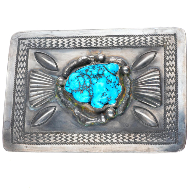 1.75" Vintage Navajo Sterling silver stamped turquoise nugget belt buckle JVT