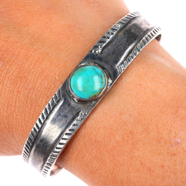 6.3" c1938-1942 US Navajo 1 sterling silver stamped cuff bracelet with turquoise