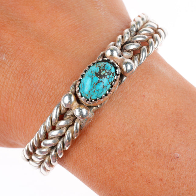 6.5" Vintage Navajo sterling silver braided #8 turquoise cuff bracelet